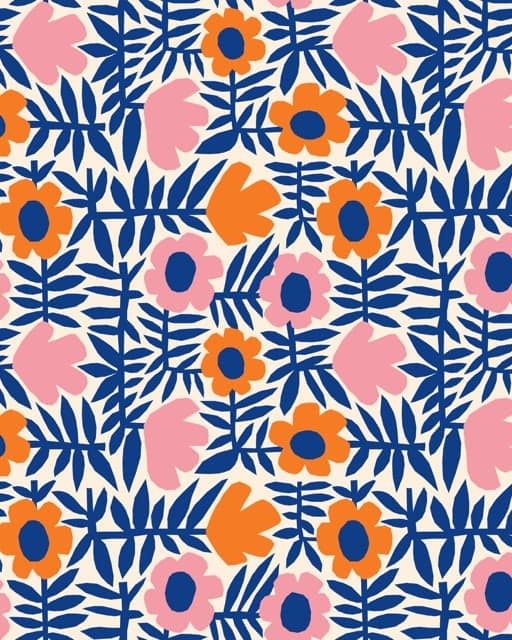 Padrão contínuo de flores de primavera em azul, rosa e laranja
