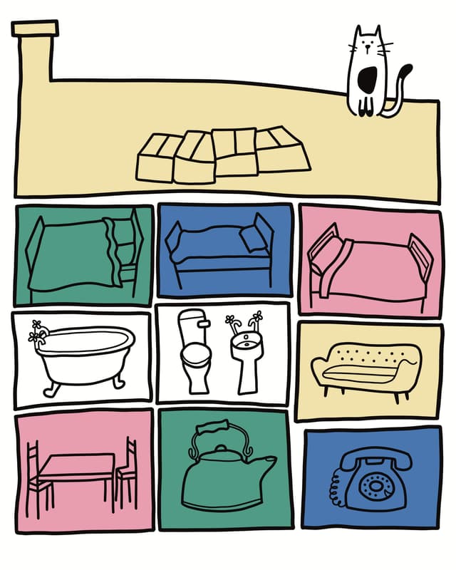 Uma casa desenhada sala a sala, com um gato no telhado